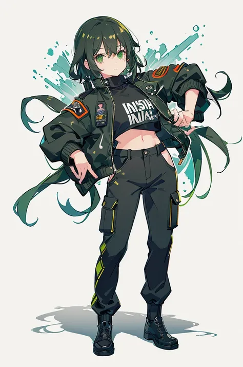 ((Masterpiece, Highest quality)), Detailed face, Black and white,, a girl in a black jacket and green Cargo pants standing, wearing Cargo pants, a green colored bomber jacket, Cargo pants , wearing dark green bomber jacket, black bomber jacket, black rugge...