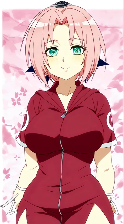 Sakura Haruno mint-colored eyes, her pink hair and her milky skin her most delicate facial features, which adds a touch of sweetness to your appearance chubby girl a robust body but without being obese she has large breasts her hips are wide but delicate a...