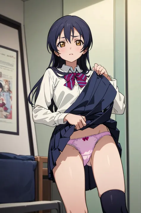 (masterpiece, best quality), 1girl,    umi sonoda,my room,(((lift skirt,panties)))