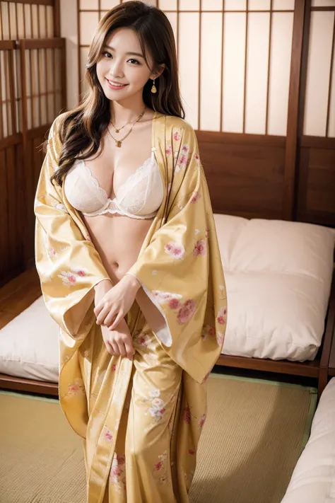 high quality,8K, Detailed facial depiction, Detailed description of the eyes,One Woman, Light brown hair(Medium-long hair),Beautiful Japanese Girl,24-years-old,Cute eyes,Cute Smile,Yukata beauty,The yellow floral yukata is open and very sexy.,The front of ...