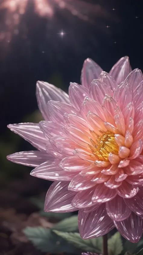 Crystal Blossom Flower,Dahlia Fantasy, Milky Way, transparent, 
Sparkling, Sparkling, wonderful, colorful, 
Magical Pictures, Dramatic lighting, Photographic realism, Super detailed, 4K, Depth of written boundary, High resolution