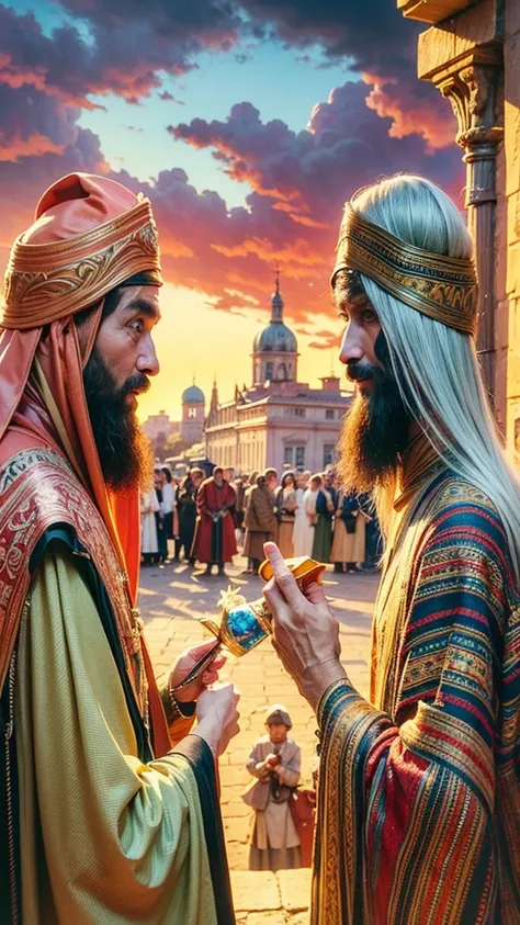 a painting of a group of men standing in a street, by Harrington Mann, beautiful depiction, the lord and savior, by Rudolph Belarski, religious painting, kerem beyit, bible illustration, painted by andreas rocha, greg olsen, by László Balogh, by Brian Thom...