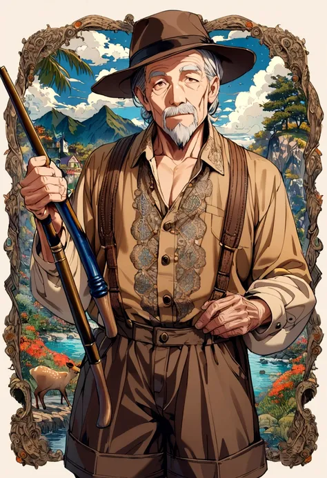 70 year old man, silver hair, goatee, brown hat, Caucasian, fawn buttoned shirt, brown shorts, dark blue fishing rod