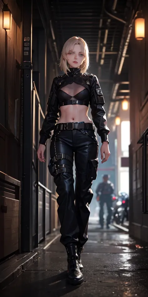 masterpiece, best quality, cowboy shot, view from below, far shot, (realistic, photorealistic), techwear fashion cinematic photo a woman wearing Sheer Top and Ankle pants: Pants that end right at the ankle or slightly above it., Focus - FOV 90 degrees, Ale...