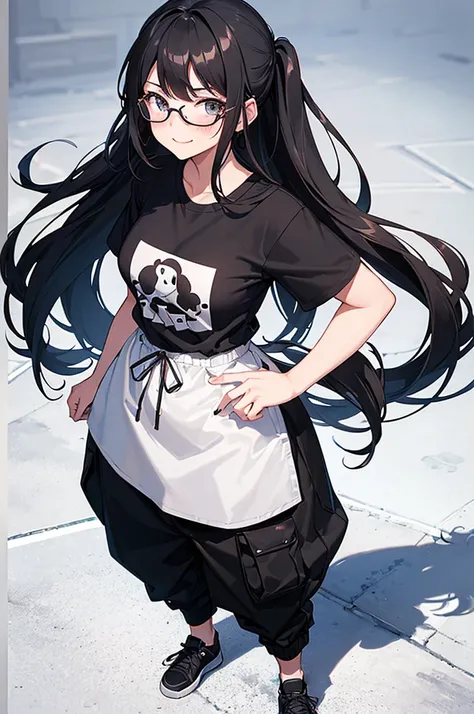 (((best quality))),(((huge filesize))),1girl,early teen,black eyes,small_breasts,black hair,long hair,pony-tail,blush,smile,standing,short sleeve T-shirts,pants,black-framed_eyewear,hairpin,shoes,full_shot,front view,looking_at_viewer,(standing at attentio...