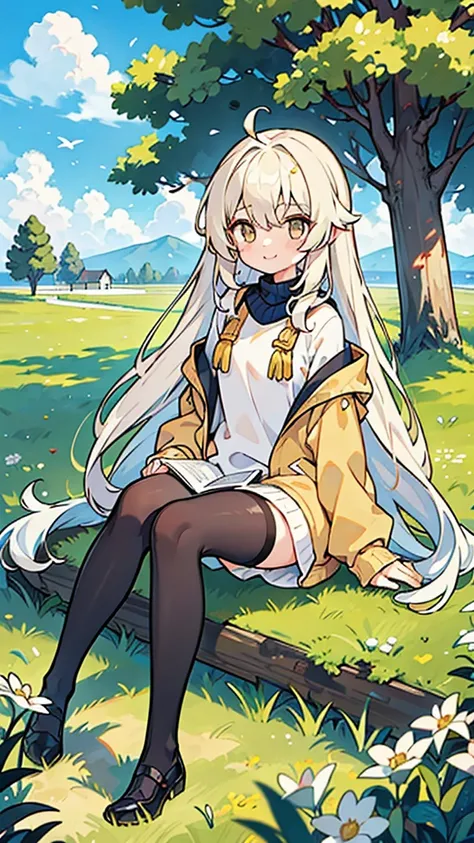 White-haired 12-year-old girl,Eyes as golden as gold,DC sea long hair,Wearing a modern light brown sweater jacket and long black stockings,Sitting under the big tree and grass,There is blue sky，With a smile，Ultra HD，Delicate and delicate fingers，masterpiec...