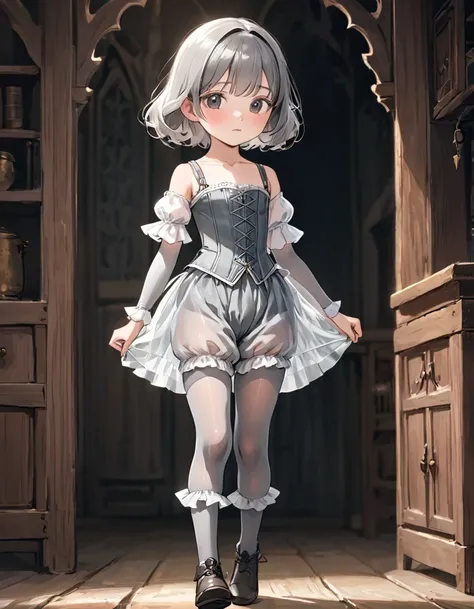 8 year old medieval girl, In underwear、Knee-length semi-transparent bloomers（Drawers）Wearing、Wearing a semi-transparent corset、Translucent slip, Grey translucent tights