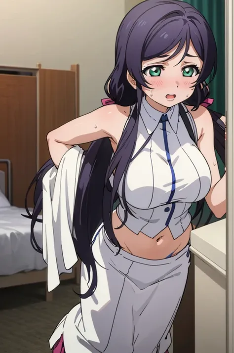 (masterpiece, best quality), 1girl,    nozomi toujou,huge breasts,idol costume,my room,sweating,sleeveless,navel,miniskirt