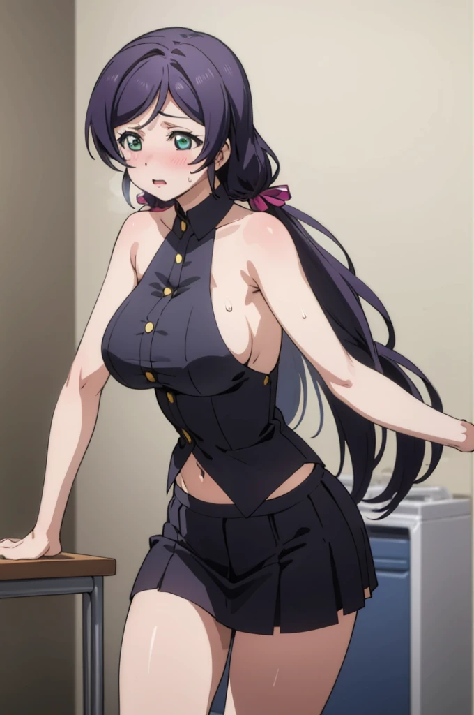 (masterpiece, best quality), 1girl,    nozomi toujou,huge breasts,idol costume,my room,sweating,sleeveless,navel,miniskirt