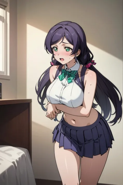 (masterpiece, best quality), 1girl,    nozomi toujou,huge breasts,idol costume,my room,sweating,sleeveless,navel,miniskirt