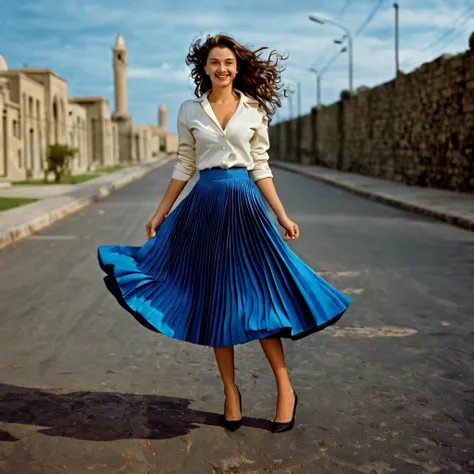 A smiling, authentic, (shy:1,3), kind, beautiful woman, is passionately in love with her skirt, wind wildly flowing her skirt, wearing short blazer and (long (fully pleated) full circle skirt) and (low heeled court shoes), very, very intricate hyper-detail...