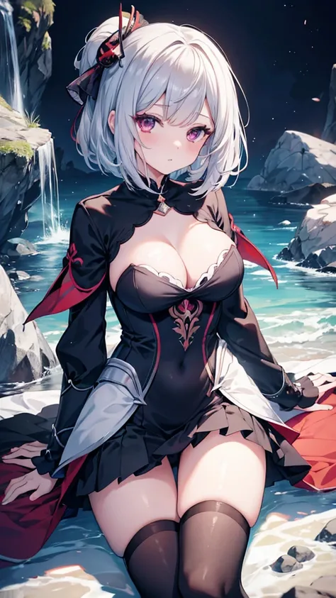 Silver Hair、Bobcut、Completely naked、blackい翼を持つ女性、Big Breasts、Spread your legs、Nipples、vagina, Exposed breasts and thighs、Show off your thighs、Official Anime Artwork, Ayaka Genshin Impact, black, Shalltear Bloodfallen,  Detailed Key Anime Art, black photo, ...