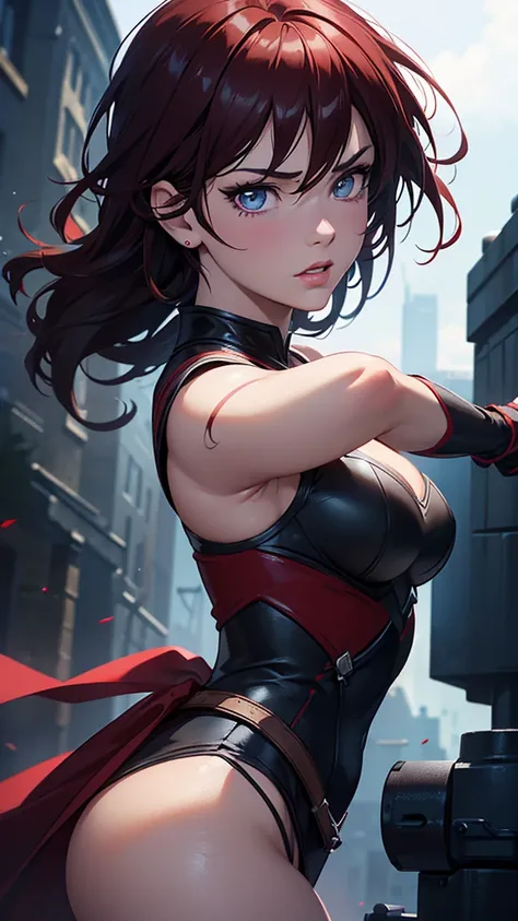 realistic, 1girl, Ruby Rose, RWBY, hero shot, detailed face, beautiful detailed eyes, beautiful detailed lips, extremely detailed face and eyes, long eyelashes, cinematic lighting, colorful, vibrant, dynamic pose, action scene, powerful, heroic, (best qual...