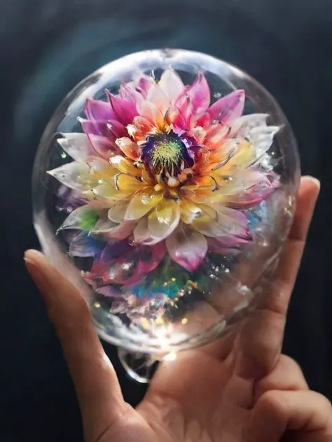 crystal blossom flower,dahlia fantasy, milky way, transparent, sparkling, sparkling, wonderful, colorful, magical pictures, dram...