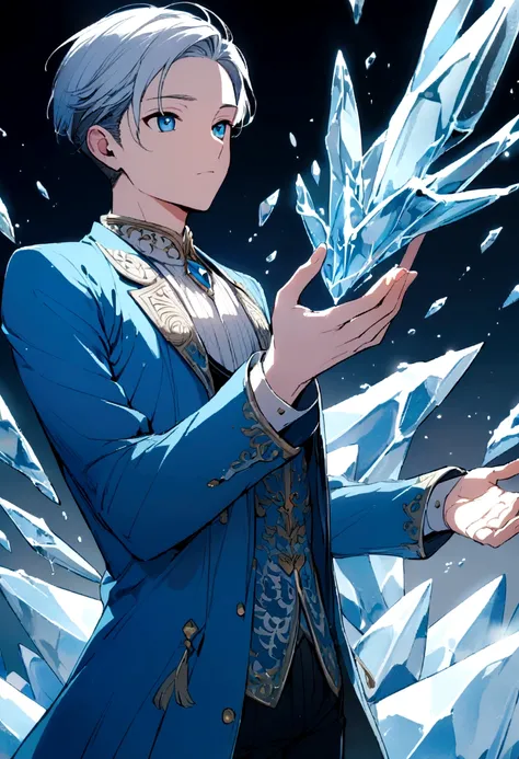 Boy in blue jacket releasing ice 