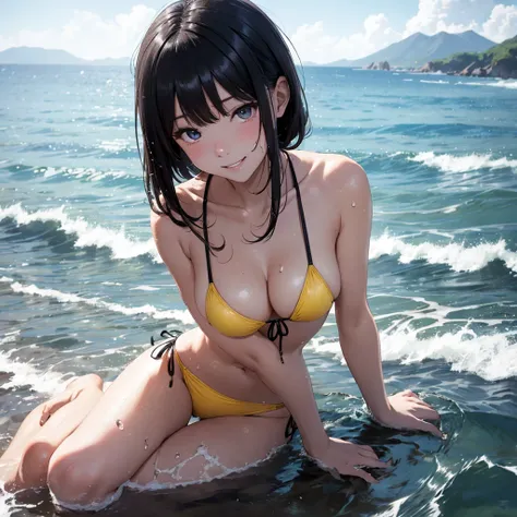 high resolution。High resolution、Uria screen、Low - Angle、masterpiece、Beautiful girl、Micro Bikini、Yellow bikini swimsuit、Dark Eyes、Bright smile、White teeth、Black glossy hair color々Pause、Wet black hair、Your body is wet、Seaside。sitting in the sea、sweating、Hot ...