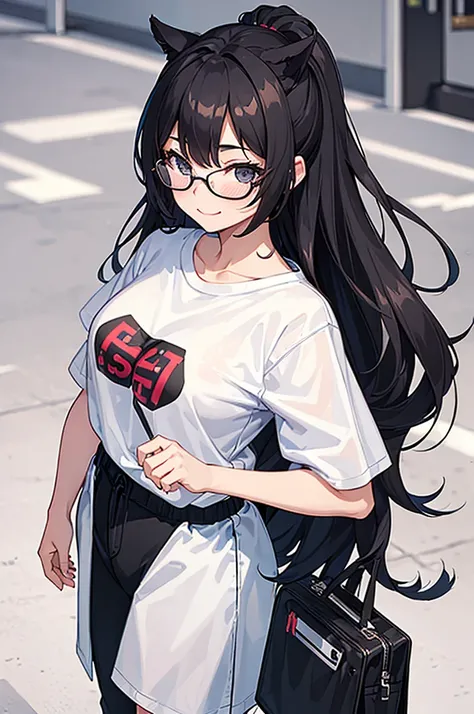 (((best quality))),(((huge filesize))),1girl,early teen,black eyes,small_breasts,black hair,long hair,pony-tail,blush,smile,standing,short sleeve T-shirts,pants,black-framed_eyewear,hairpin,shoes,full_shot,front view,(standing at attention),