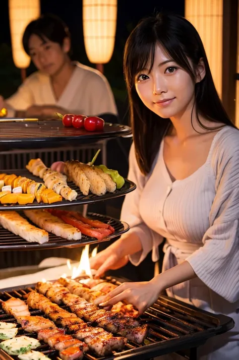 Japanese、woman、Everyone at a barbecue、coastal