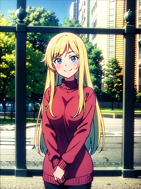 Anime screencap, anime style, anime scene, A teenage girl with long blonde hair and blue eyes is giving the viewer a gentle smile. She is wearing a white sweater, and the background is a beautiful city street.