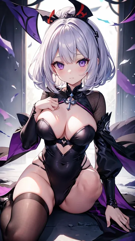 Silver Hair、Bobcut、Completely naked、Purple Eyes、blackい翼の生えた女性、Big Breasts、Spread your legs、Nipples、vagina, Exposed breasts and thighs、Show off your thighs、Official Anime Artwork, Ayaka Genshin Impact, black, Shalltear Bloodfallen,  Detailed Key Anime Art, ...