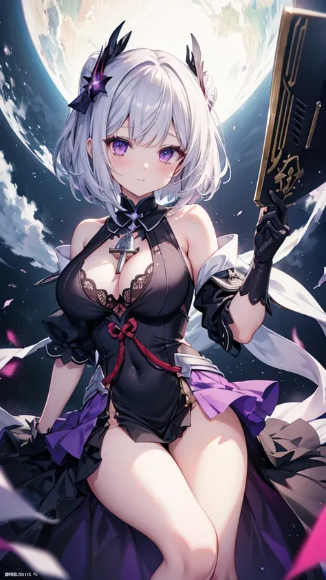 Silver Hair、Bobcut、Completely naked、Purple Eyes、blackい翼の生えた女性、Big Breasts、Spread your legs、Nipples、vagina, Exposed breasts and thighs、Show off your thighs、Official Anime Artwork, Ayaka Genshin Impact, black, Shalltear Bloodfallen,  Detailed Key Anime Art, ...