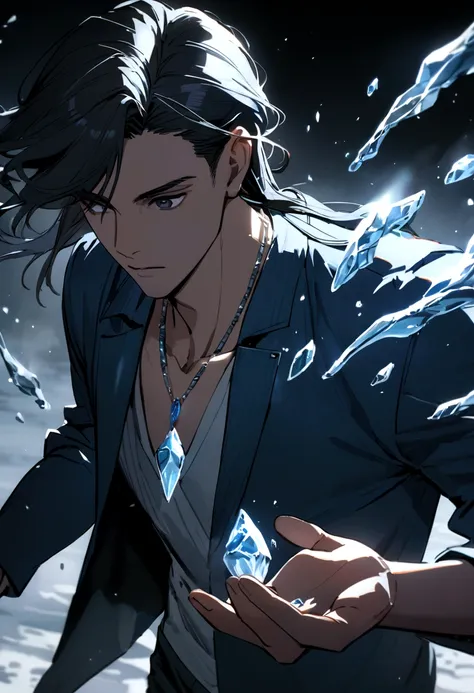 Boy with medium long black hair wearing a blue jacket and black thing underneath with a quartz necklace, releasing ice and icy vapor around his body