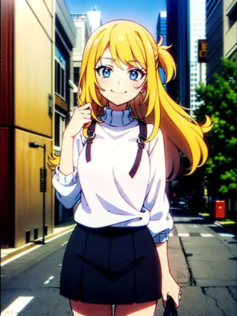 Anime screencap, anime style, anime scene, A teenage girl with long blonde hair and blue eyes is giving the viewer a gentle smile. She is wearing a white sweater, and the background is a beautiful city street.