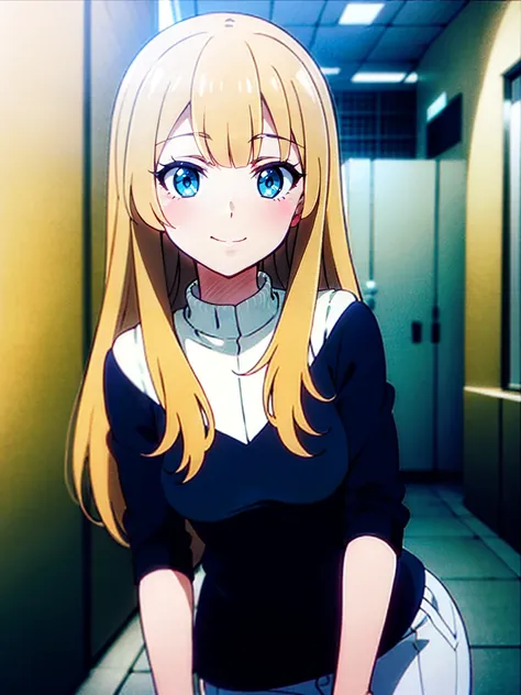 Anime screencap, anime style, anime scene, A teenage girl with long blonde hair and blue eyes is giving the viewer a gentle smile. She is wearing a white sweater, and the background is a beautiful city street.