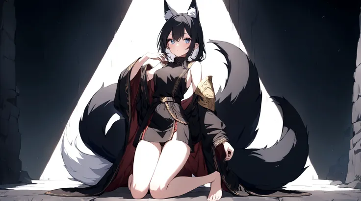 (1girl, Masterpiece, best quality) (detailed and beautiful eyes:1.6) (perfect hands, perfect anatomy, full body) A young adult female character with short, black hair styled in a slightly tousled manner. She has calm, focused amber eyes and distinctive fox...