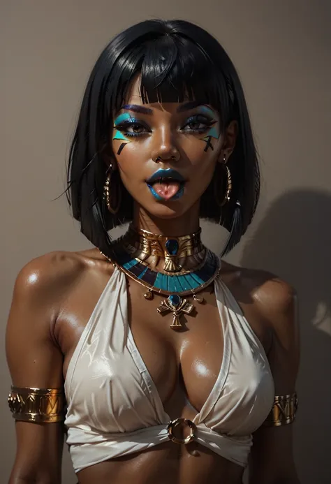 score_9, score_8_up, score_7_up, score_6_up, 1girl, solo, jewelry, rating: safe, brown_eyes, black_hair, lips, makeup, armlet, breasts, egyptian, egyptian_clothes, dark_skin, nose, earrings, gold, lipstick, cleavage, realistic, looking_at_viewer, medium_br...