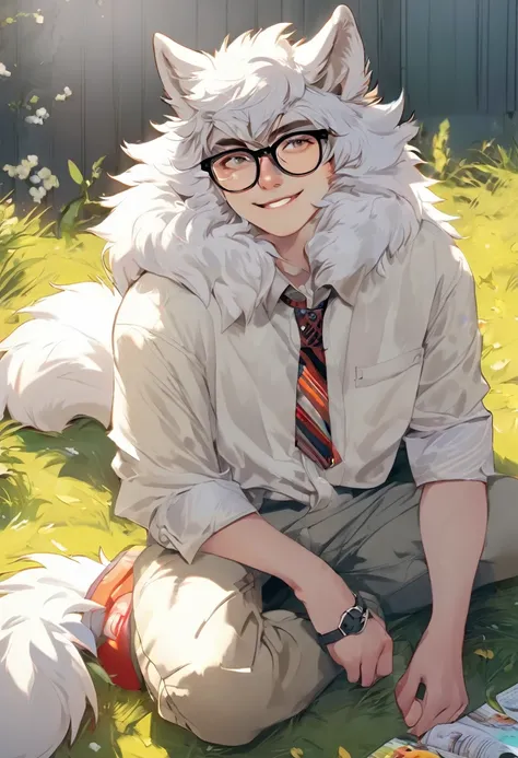 Wolf，male，shirt，Pants，Off-white fur，Heterochromia，Glasses，happy，Introversion