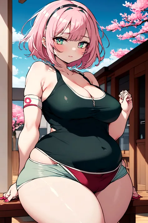 Shy girl with a chubby, robust body, generous small breasts, wide hips, thick legs and thick thighs, a delicate face and beautiful mint-colored eyes, short hair, straight pink hair,