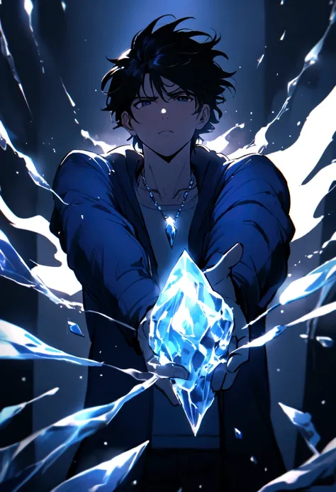 Boy with medium long black hair wearing a blue jacket and black thing underneath with a quartz necklace, releasing ice and icy vapor around his body