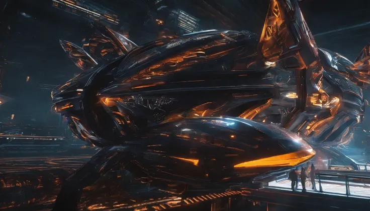 A unique metallic color of a bengal tiger starship in Gothic style, & the shape of a bengal tiger, Tim Burton & Mary Shelleys vision, flying by Saturn, cool 750k UHD unveiling every minute feature, from heavy artillery, intricately woven into the ships bac...