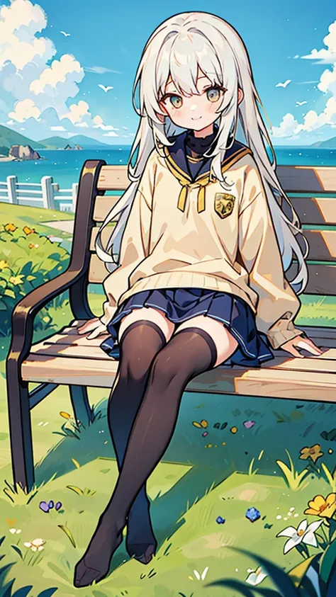 White-haired 12-year-old girl,Eyes as golden as gold,DC sea long hair,Wearing a modern light brown sweater jacket and long black stockings,Sitting on a bench on the grassy lawn,There is blue sky，With a smile，Ultra HD，Delicate and delicate fingers，masterpie...