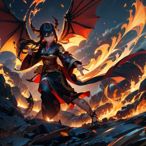 beautiful dark angel fighting with dragon demon, tattoo, fire, sword, kimono, demon, golden tone