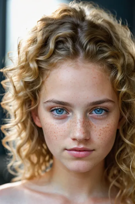 a photo portrait of a beautiful girl with curls and lots of freckles, (dirty blonde hair), (detailed blue eyes), (face portrait:1.5), dramatic light, Rembrandt lighting scheme, (hyperrealism:1.2), (8K UHD:1.2), (photorealistic:1.2), shot with Canon EOS 5D ...