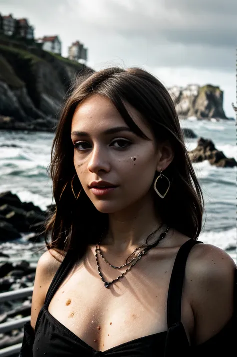 b&w photo of angelinak in black clothes, earrings, face, half body, necklace, high detailed skin, skin pores, 3 moles on left ch...