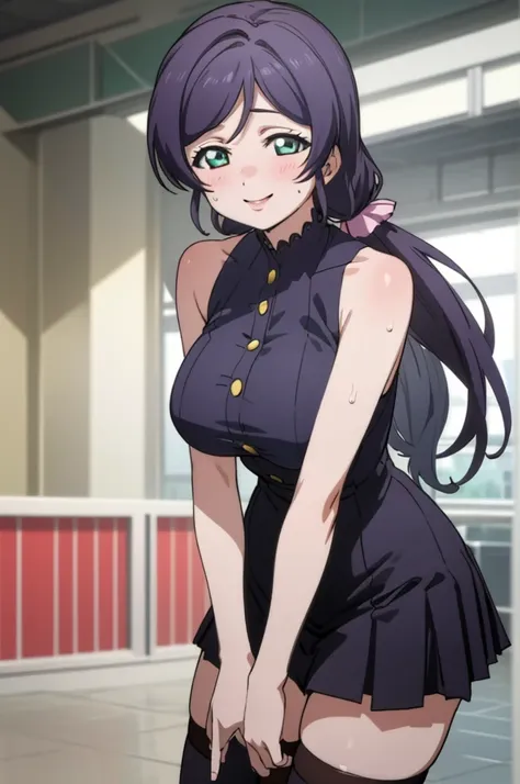 (masterpiece, best quality), 1girl,    nozomi toujou,huge breasts,idol costume,,sweating,sleeveless,thighhighs,miniskirt,looking viewer,smile,1piece dress