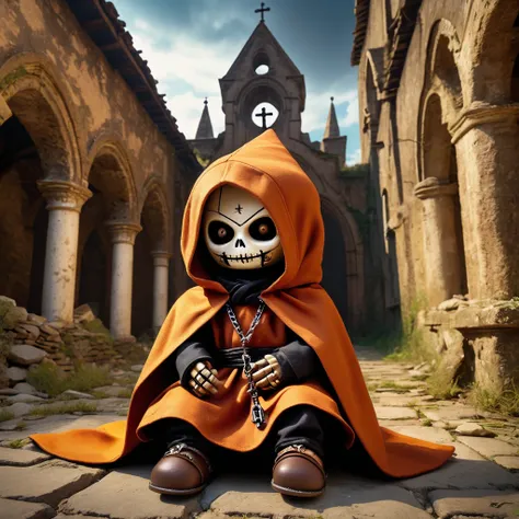 (knitted toy voodoo doll:1.2), (Voodoo Cursed Monk:1.3), (Clothing Monks cloak with a hood, chains, leather sandals:1.0), (in the background a gothic Abandoned monastery, ruins, a bell tower without a bell:1.3),  best quality, masterpiece, detailed soft oi...