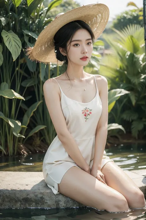 (((best quality))),(((ultra detailed))),(((masterpiece))),illustration,1 beautiful girl,slim,straw hat,shiny skin,dark skin,sweat,wet,flat chest,short Embroidered red cheongsam,bare arms,sitting in the Paddy pool filled with Rice seedlings,upper body,elega...