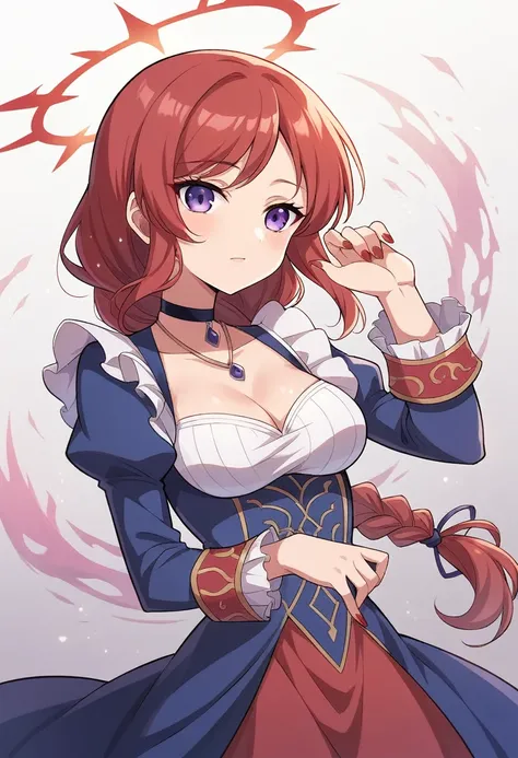 masterpiece, best quality,8k wallpaper, cowboy shot,nishikino maki,red hair, purple eyes, castlevania style , breasts, looking_at_viewer, bangs, simple_background, long_sleeves, dress, cleavage, jewelry, medium_breasts, purple eyes, upper_body, braid, side...