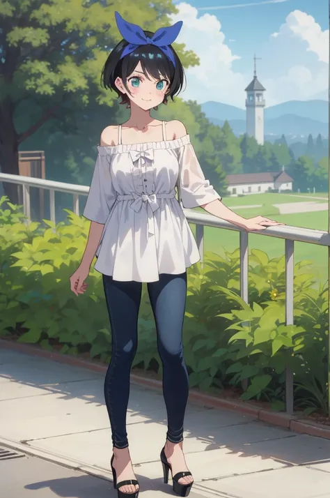 ruka sarashina,nature,blue hair bow BREAK Standing tall pose,bell-bottom jeans, off-the-shoulder blouse, platform heels,(skinny:1.2),(light smile:0.7),, ,