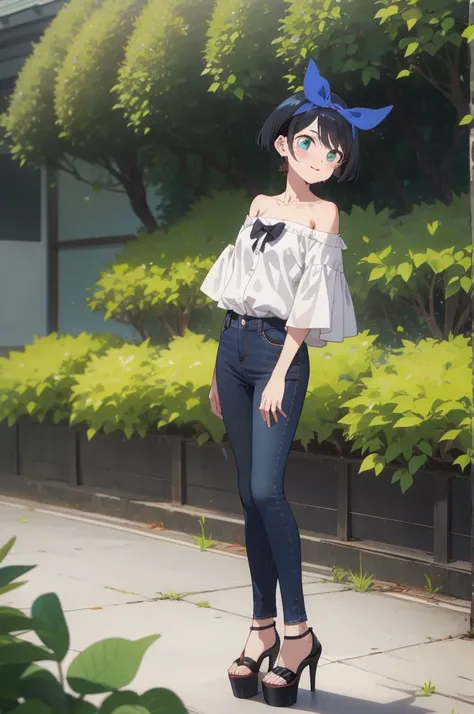 ruka sarashina,nature,blue hair bow break standing tall pose,bell-bottom jeans, off-the-shoulder blouse, platform heels,(skinny:...