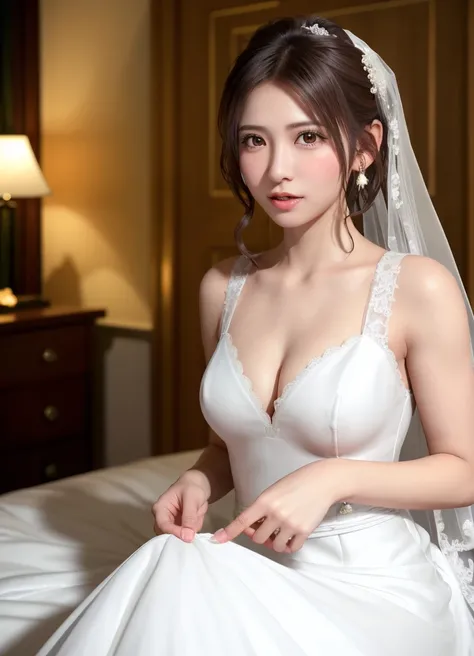 (8K, Photorealistic, Raw photo, of the highest quality: 1.3), (nsfw), (1girl in), Super beautiful, (Realistic face), (boyish, Silver Color Berry Shorthair), Beautiful, (wearing a white wedding dress, small neckrace and earring:1.3), Glare that captivates t...