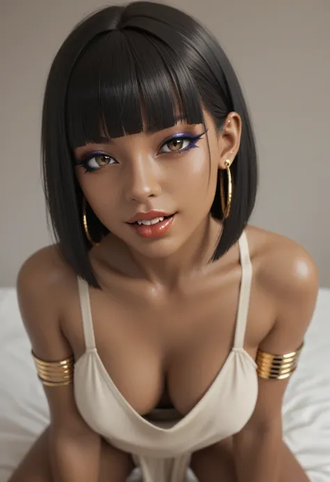 score_9, score_8_up, score_7_up, score_6_up, 1girl, solo, jewelry, rating: safe, brown_eyes, black_hair, lips, makeup, armlet, breasts, egyptian, egyptian_clothes, dark_skin, nose, earrings, gold, lipstick, cleavage, realistic, looking_at_viewer, medium_br...