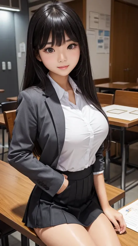 ((high quality)), ((Tabletop)), (Detailed face), (highlight),　Asian Girl、Big breasts、thigh、Black Hair、Heavy bangs、high school girl、skirt、blazer、