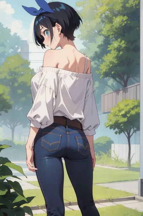 ruka sarashina,nature,blue hair bow break standing tall pose,bell-bottom jeans, off-the-shoulder blouse, ,(skinny:1.2),ass,from ...