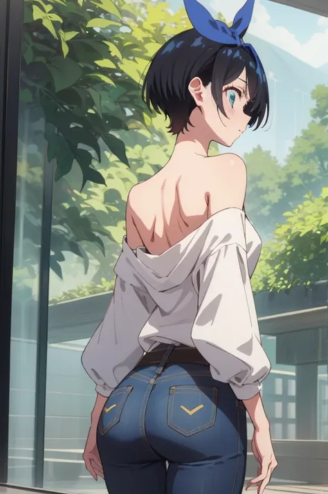 ruka sarashina,nature,blue hair bow break standing tall pose,bell-bottom jeans, off-the-shoulder blouse, ,(skinny:1.2),ass,from ...