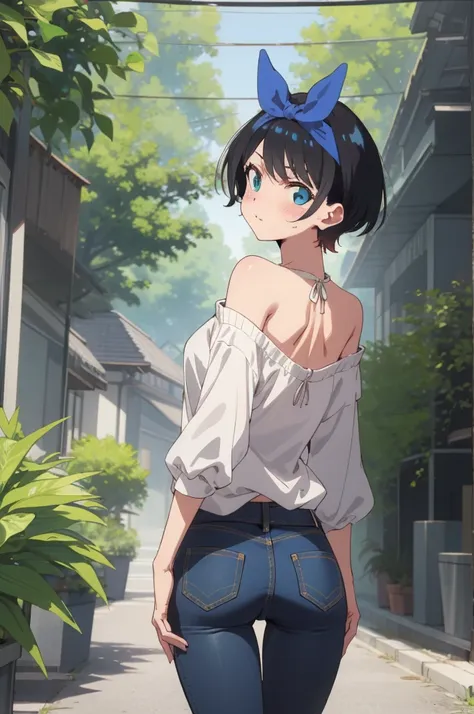 ruka sarashina,nature,blue hair bow break standing tall pose,bell-bottom jeans, off-the-shoulder blouse, ,(skinny:1.2),ass,from ...